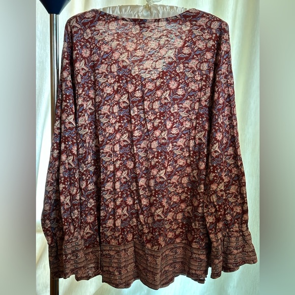 Lucky Brand V neck Long Sleeve Tunic Tee Shirt Burgundy Pink Floral 2X - Picture 2 of 7